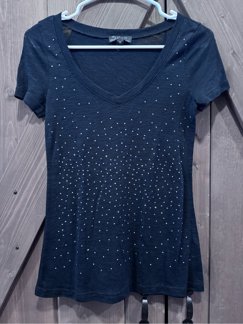 Nollie Black V-Neck Short Sleeve Tee with Silver Stud Detail